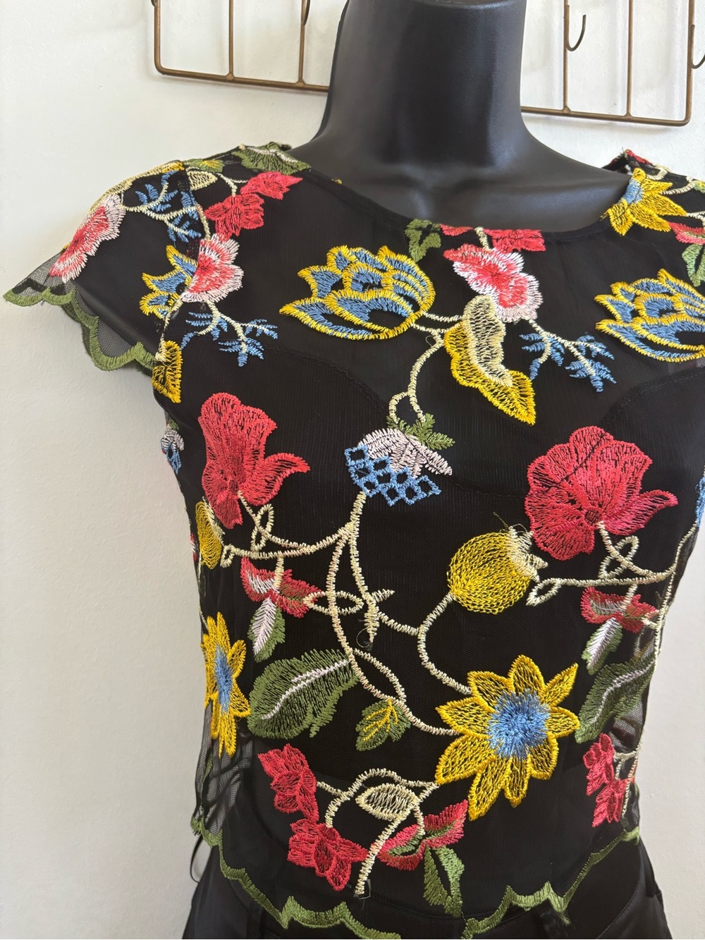 Embroidered Floral Mesh Top - Black with Multi-Color Floral Embroidery